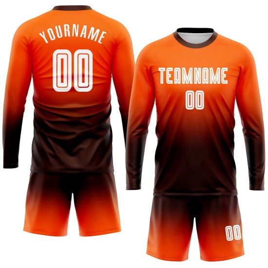 Custom Orange White-Brown Sublimation Long Sleeve Fade Fashion Soccer Uniform Jersey Custom Orange White-Brown Sublimation Long Sleeve Fade Fashion Soccer Uniform Jersey