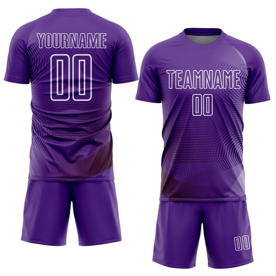 Custom Purple White Geometric Lines Sublimation Soccer Uniform Jersey Custom Purple White Geometric Lines Sublimation Soccer Uniform Jersey