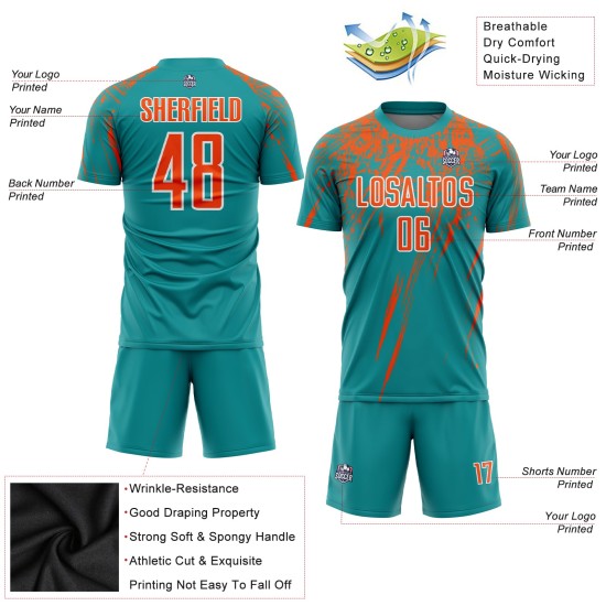 Custom Teal Orange-White Sublimation Soccer Uniform Jersey Custom Teal Orange-White Sublimation Soccer Uniform Jersey