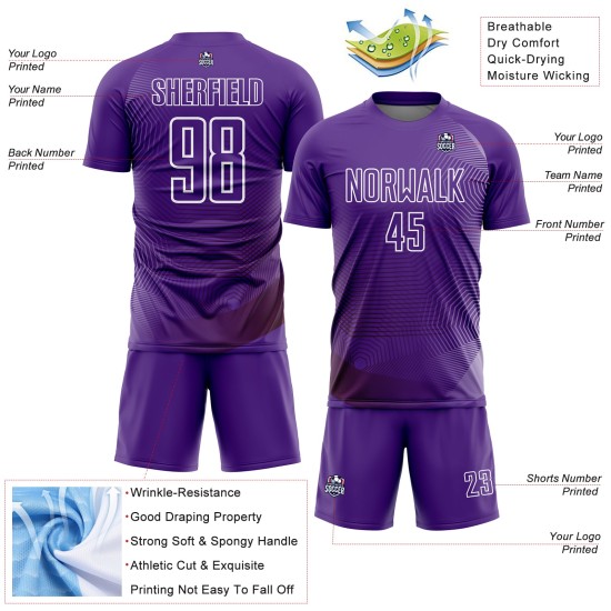 Custom Purple White Geometric Lines Sublimation Soccer Uniform Jersey Custom Purple White Geometric Lines Sublimation Soccer Uniform Jersey