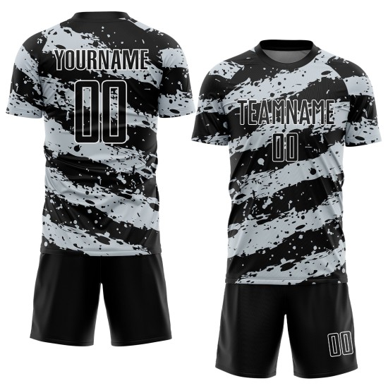 Custom Black Light Gray-White Splash Sublimation Soccer Uniform Jersey Custom Black Light Gray-White Splash Sublimation Soccer Uniform Jersey