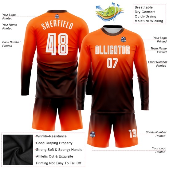 Custom Orange White-Brown Sublimation Long Sleeve Fade Fashion Soccer Uniform Jersey Custom Orange White-Brown Sublimation Long Sleeve Fade Fashion Soccer Uniform Jersey