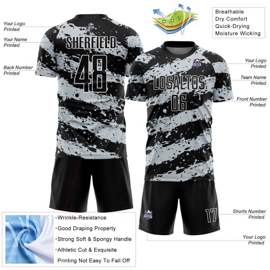 Custom Black Light Gray-White Splash Sublimation Soccer Uniform Jersey Custom Black Light Gray-White Splash Sublimation Soccer Uniform Jersey