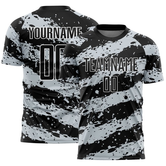 Custom Black Light Gray-White Splash Sublimation Soccer Uniform Jersey Custom Black Light Gray-White Splash Sublimation Soccer Uniform Jersey