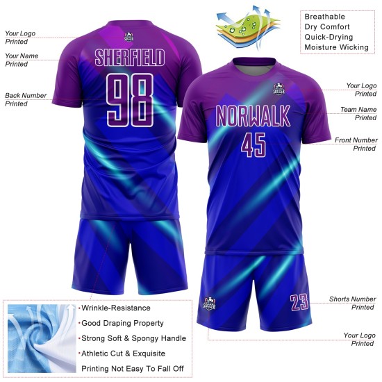 Custom Royal Purple-White Lines Sublimation Soccer Uniform Jersey Custom Royal Purple-White Lines Sublimation Soccer Uniform Jersey